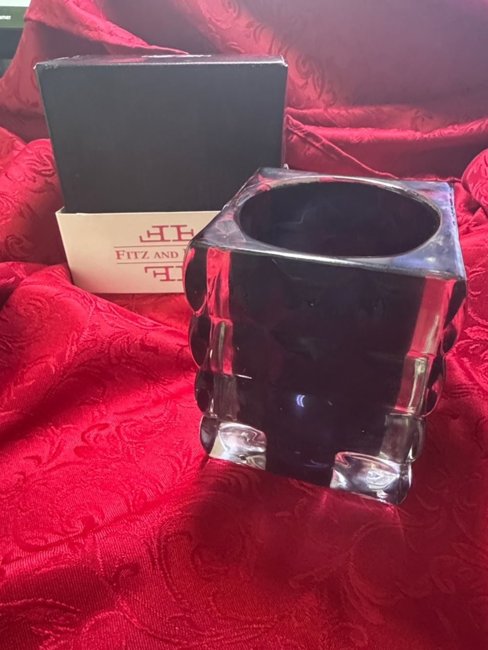 Fitz and Floyd Black Emerald Glass  Votive Holder with Clear Accents
